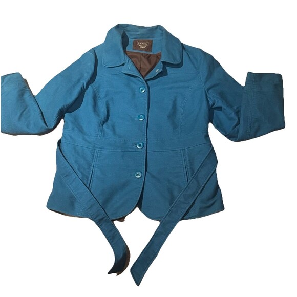 LL Bean Coat Womens  Large Pea Blue Cotton Button Up Belted Collared Jacket Y2K - Picture 3 of 8
